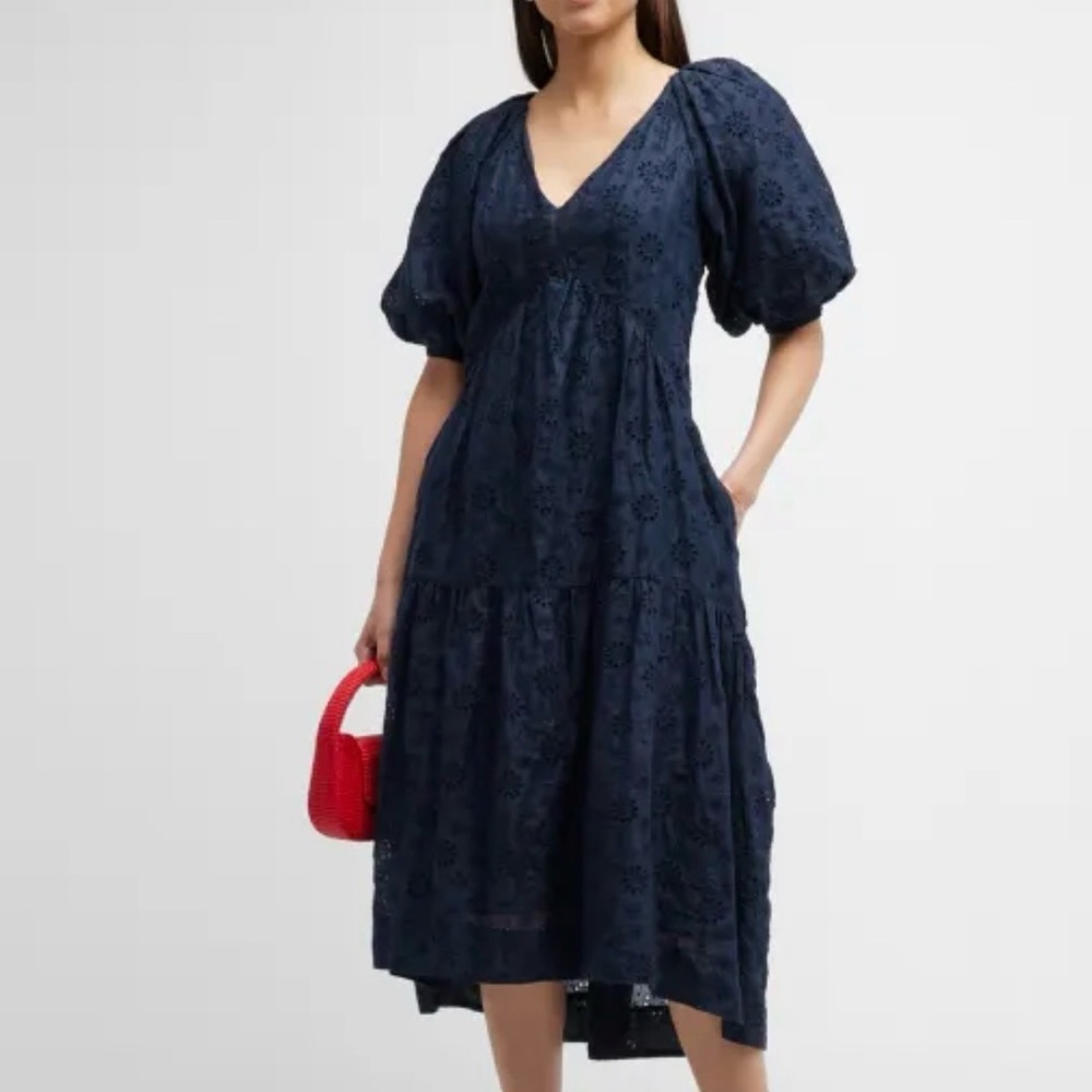 Frame Navy Blue Eyelet Puff Sleeve Midi Dress